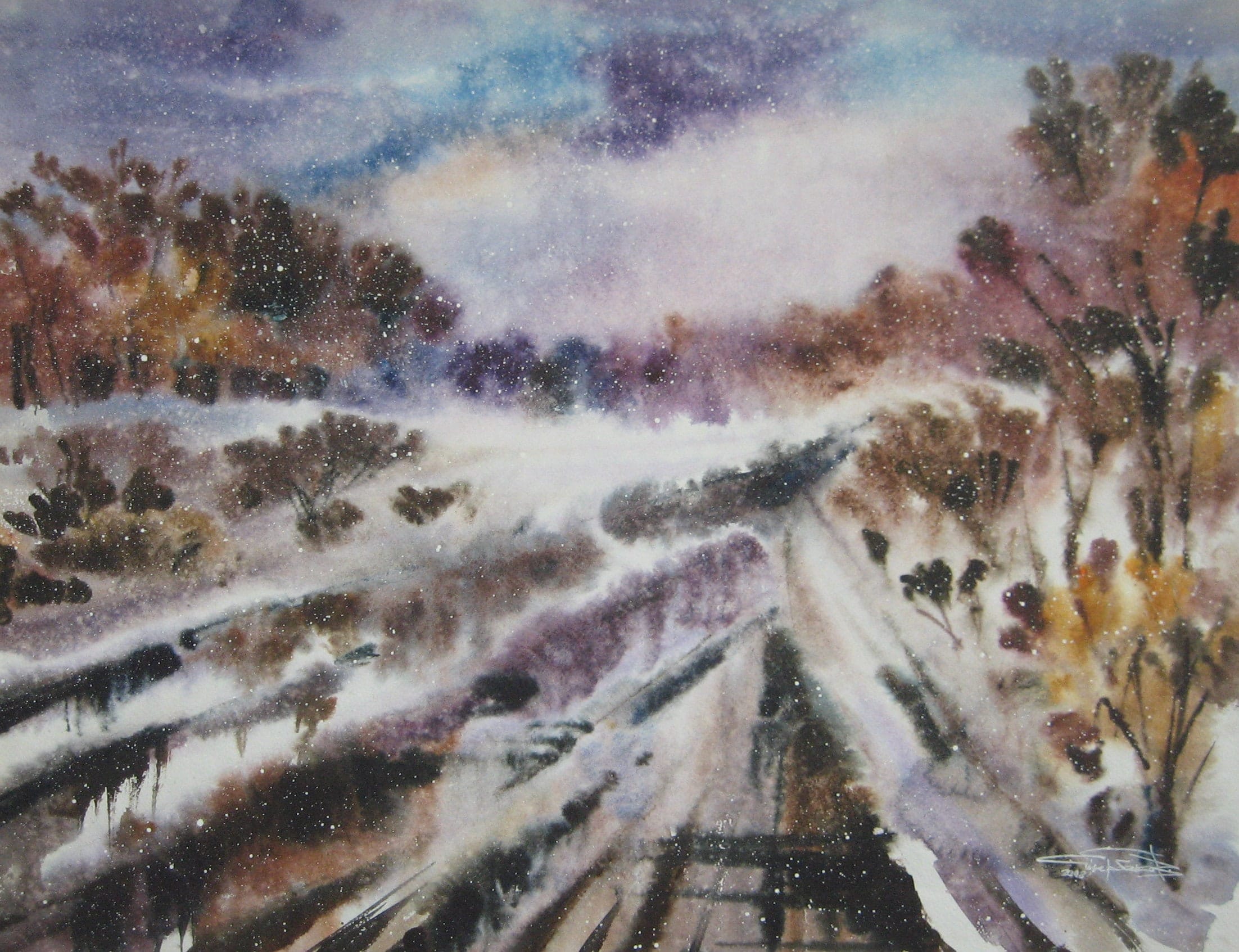 Winter Road — watercolour by Serhii Shcherbakov