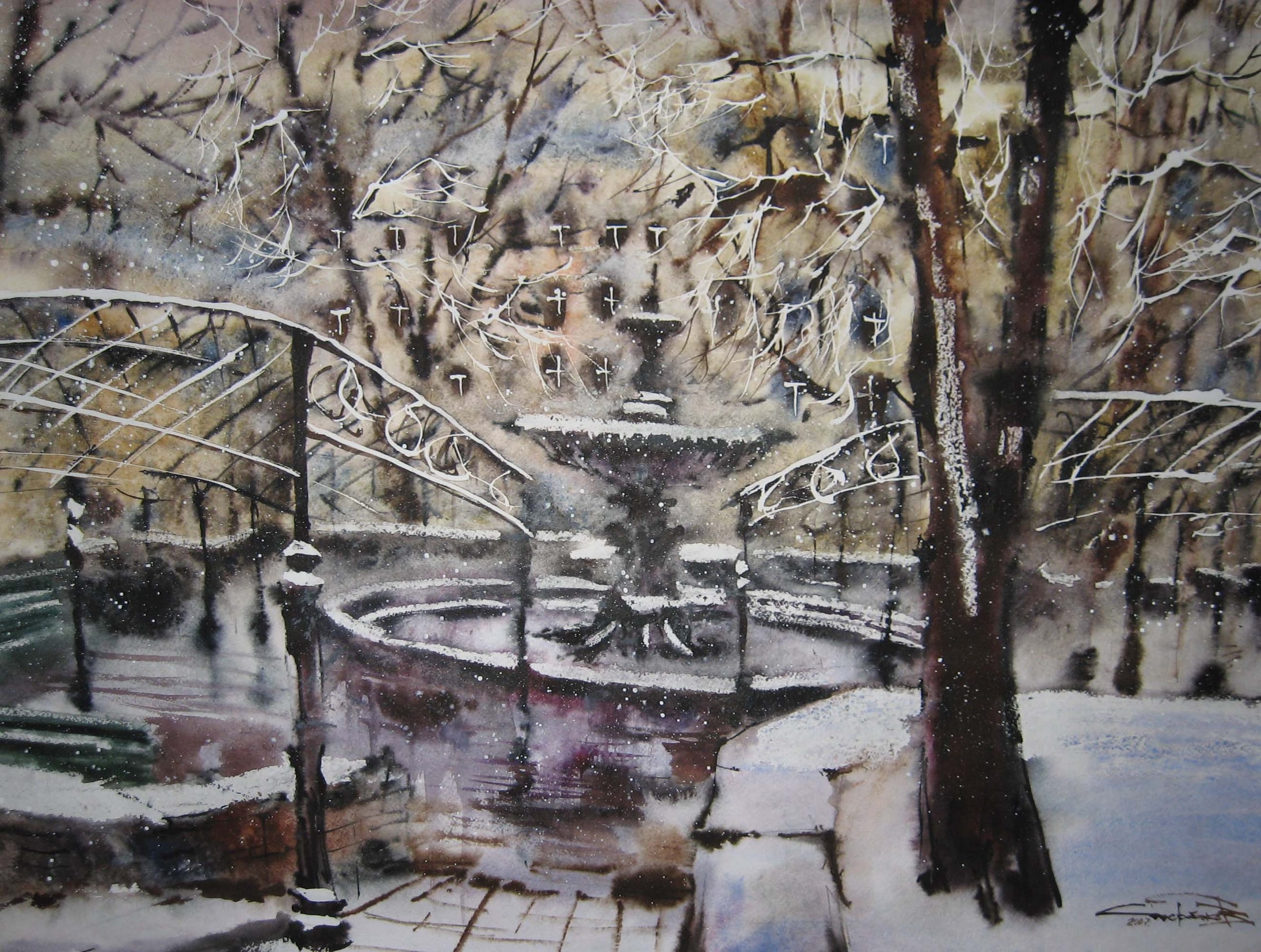 Frozen Fountain — watercolour by Serhii Shcherbakov