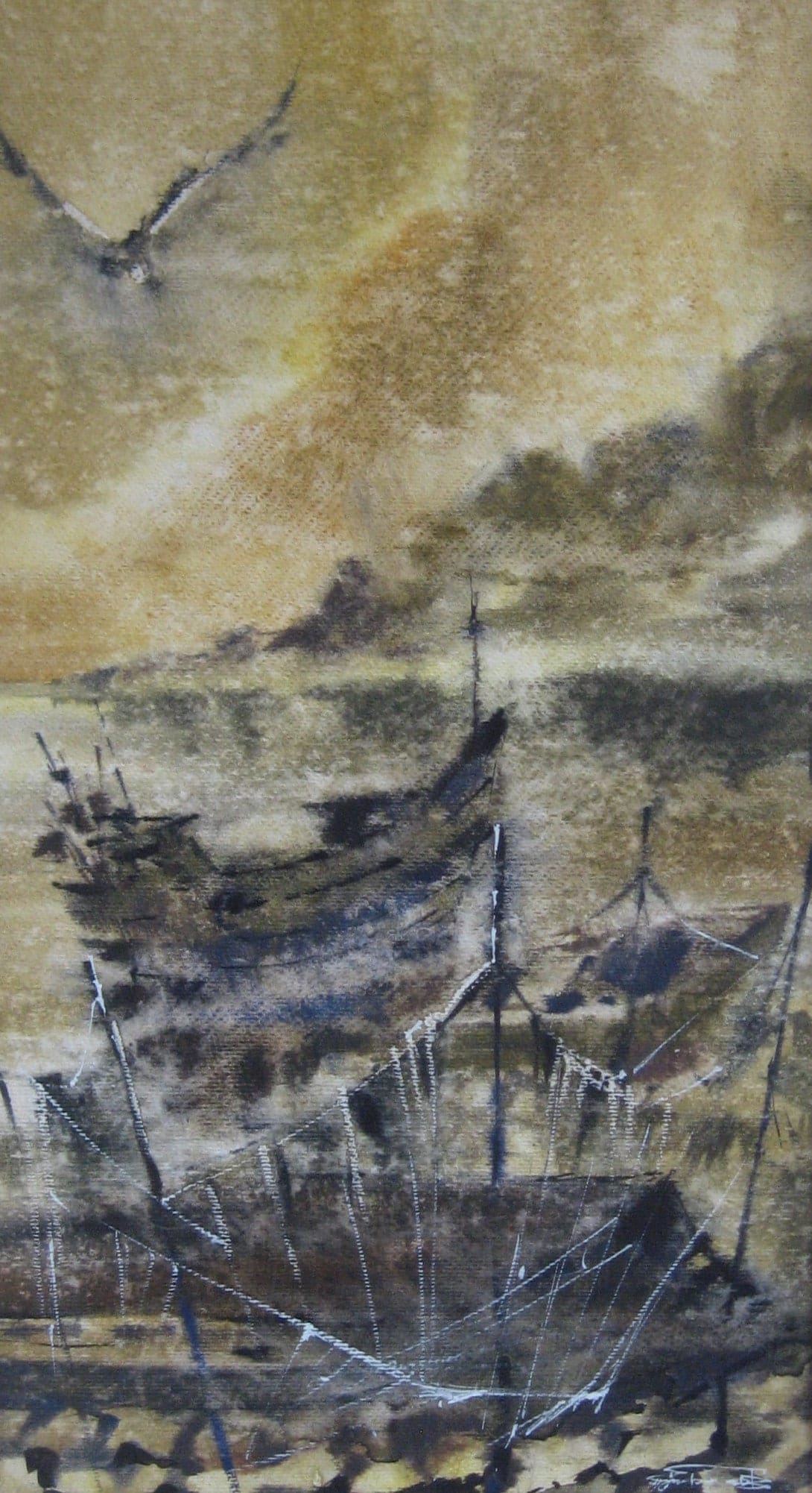 Longboat and Boats — watercolour by Serhii Shcherbakov