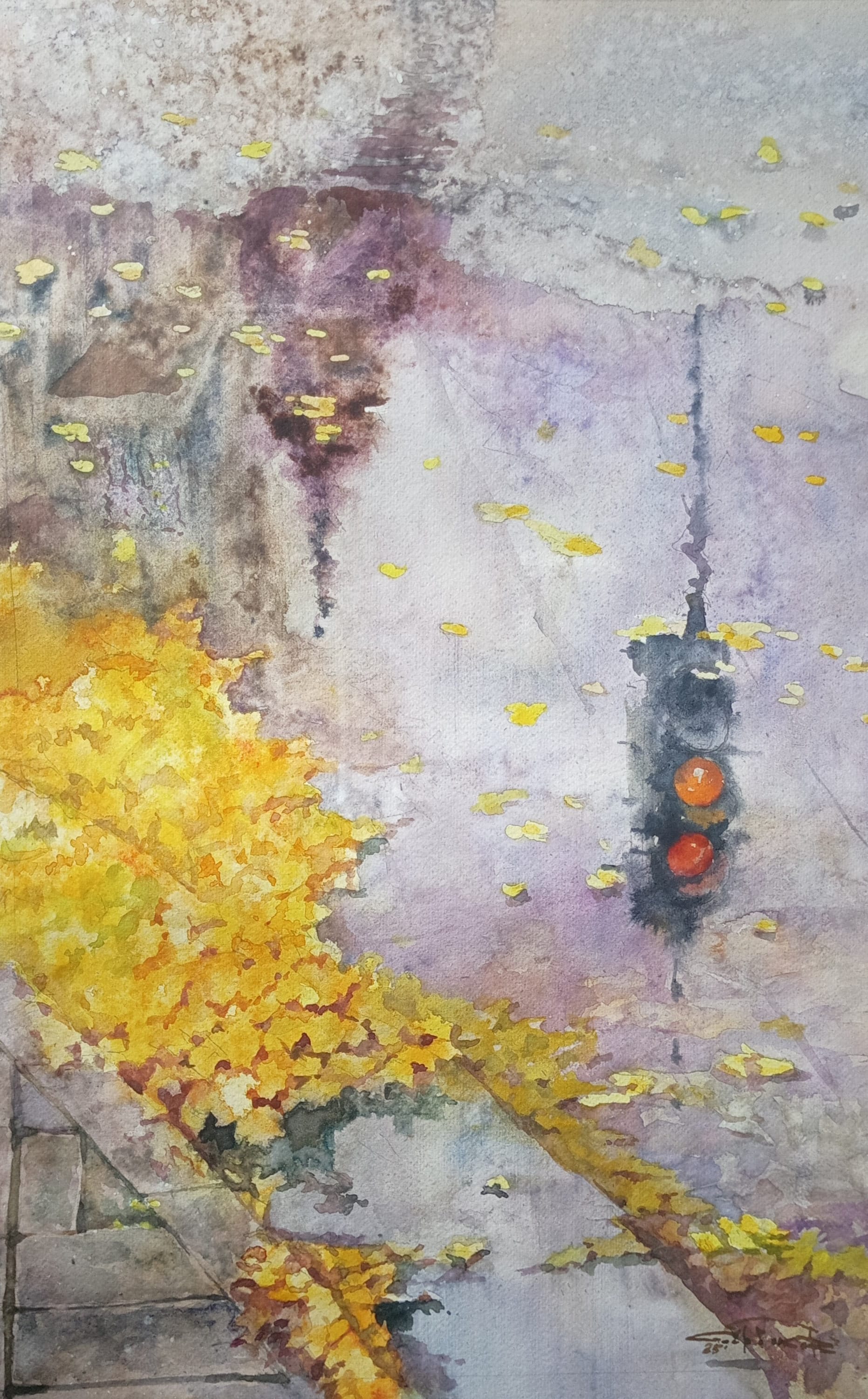 Autumn on the Asphalt No. 3 — watercolour by Serhii Shcherbakov